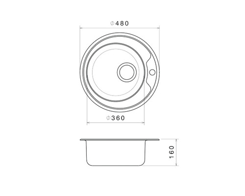Desen tehnic al unei chiuvete rotunde cu dimensiuni