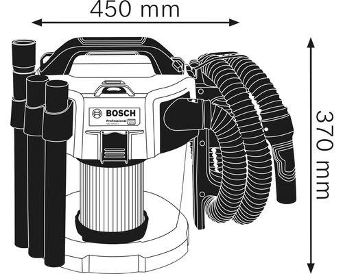 Imagine cu un aspirator umed și uscat cu dimensiunile de 450 mm lățime și 370 mm înălțime.