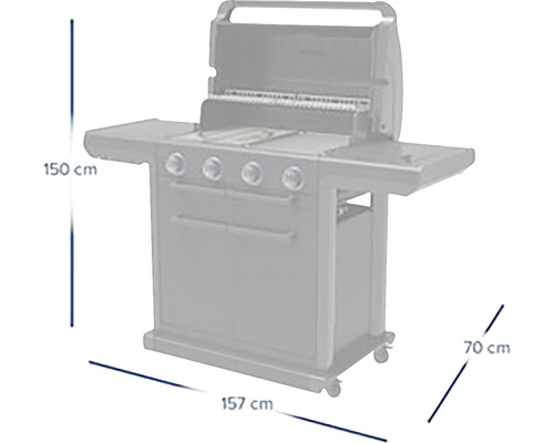 Grătar cu gaz cu dimensiunile de 150 cm înălțime, 157 cm lățime și 70 cm adâncime.