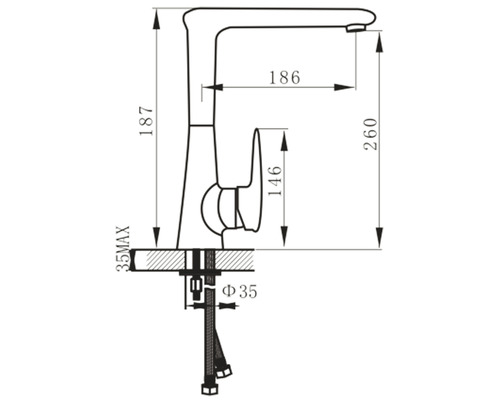 Desen tehnic al unei armature cu indicații de măsurare.