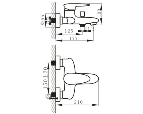 Desen tehnic al unei baterii de duș montate pe perete cu dimensiuni