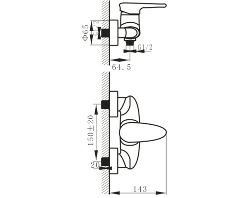 Desen tehnic al unui robinet cu dimensiuni.