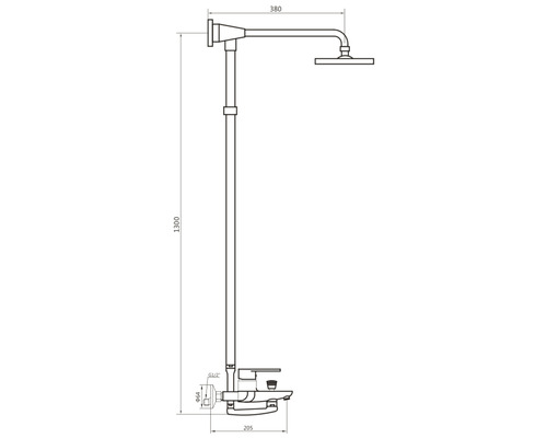 Desen tehnic al unei coloane de duș cu dimensiuni.