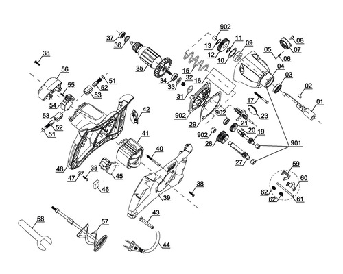 Desen explodat al unui mixer cu piese și numere