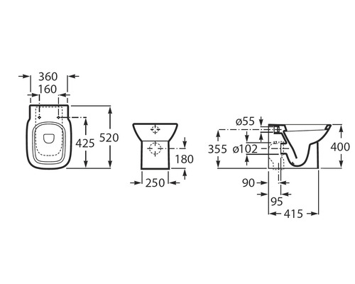 Desen tehnic al unui WC suspendat cu dimensiuni.