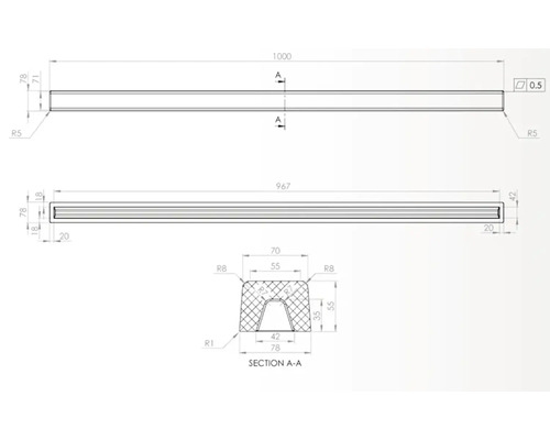Desen tehnic al unui profil cu indicații dimensionale