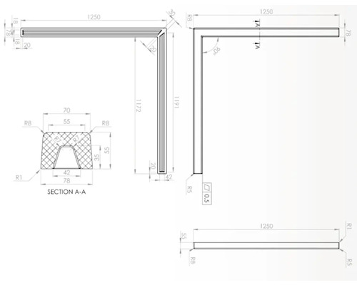 Desen tehnic al unui profil în formă de L cu dimensiuni