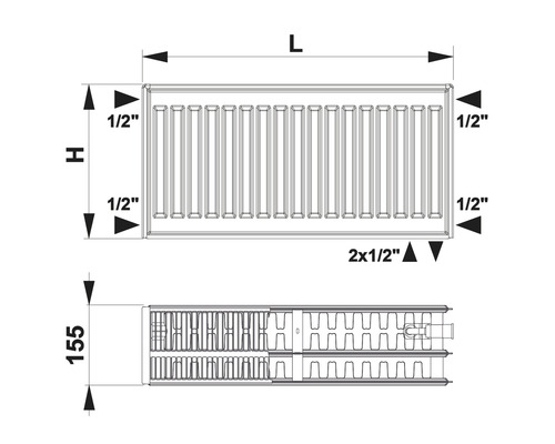 Dimensiunile unui radiator cu indicații privind înălțimea, lungimea și racordarea