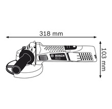 Desen al unui polizor unghiular cu dimensiunile 318 mm și 103 mm