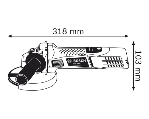 Desen al unui polizor unghiular cu dimensiunile 318 mm și 103 mm