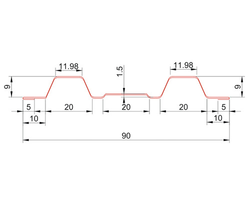 Desen tehnic al unui profil de tablă trapezoidală cu dimensiuni