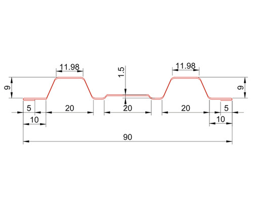 Desen tehnic al unui profil de tablă trapezoidală cu dimensiuni