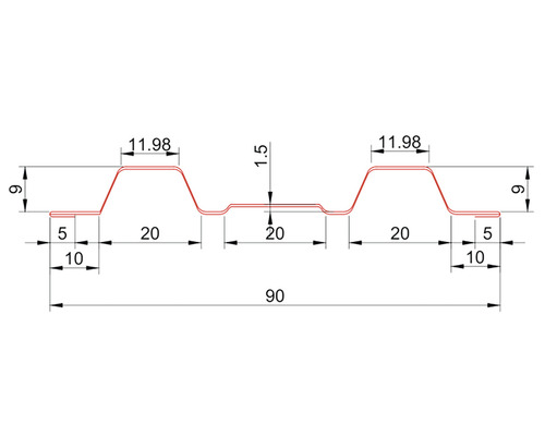 Desen tehnic al unui profil trapezoidal cu dimensiuni în milimetri