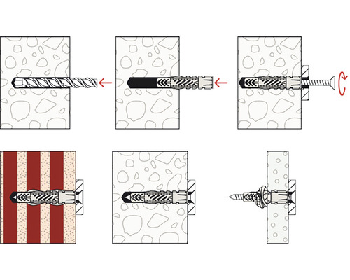 Ilustrație a montării diblului în diferite pereți