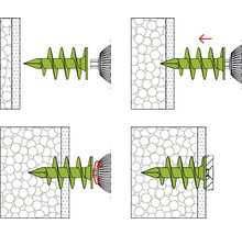 Ilustrație a funcționării unui diblu pentru material izolant în patru pași