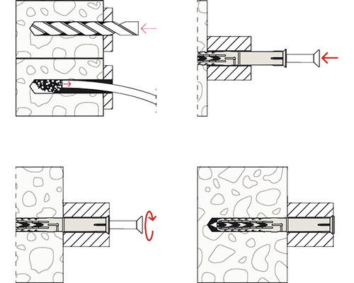 Ilustrație a instalării pas cu pas a unui diblu într-un perete