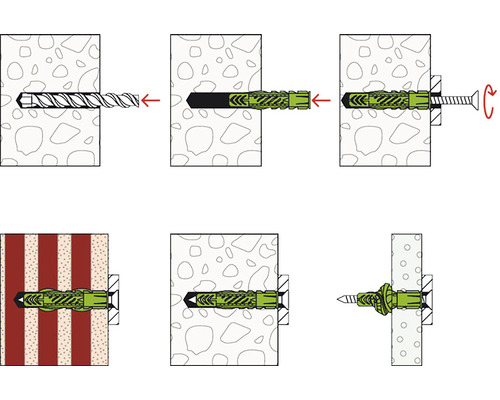 Ilustrație a instalării pas cu pas a unui diblu într-un perete.