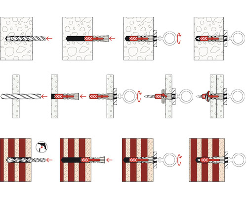 Ilustrație a instalării pas cu pas a unui diblu în diferite tipuri de pereți