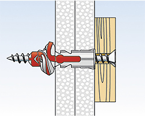 Ilustrație a unei fixări cu diblu pentru gips-carton într-un perete