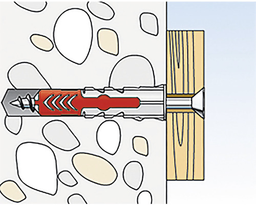 Ilustrație a unui diblu fixat într-un perete de beton cu o placă de lemn