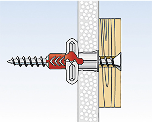 Ilustrație a unei fixări cu dibluri într-un perete cu șurub
