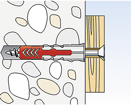 Ilustrație a unui diblu fixat într-un perete cu un șurub într-o bucată de lemn.