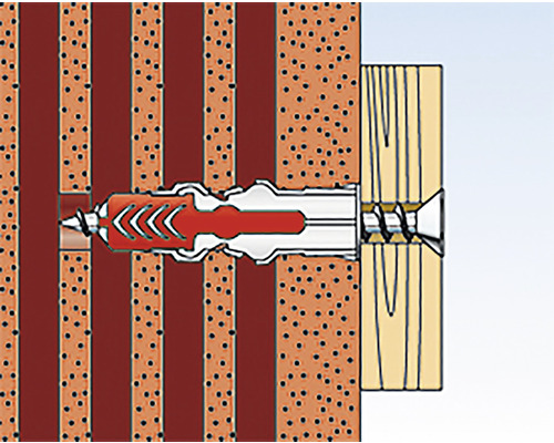 Ilustrație a unei fixări cu dibluri într-un perete cu o placă de lemn