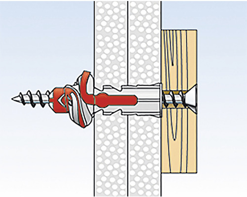 Ilustrație a unei fixări cu diblu pentru gips-carton într-un perete