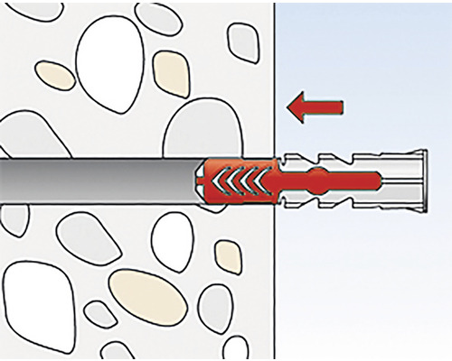 Ilustrație a montării unui diblu într-un perete