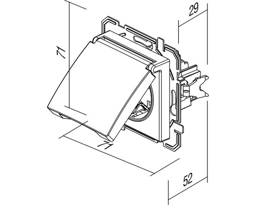 Desen al unei prize cu contact de protecție cu capac rabatabil și dimensiunile corespunzătoare