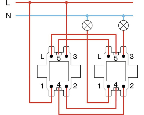 Diagramă de conexiuni pentru un circuit cu două comutatoare și două lămpi.