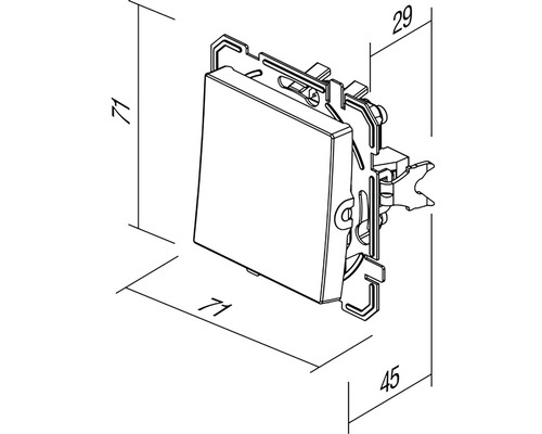 Comutator basculant cu dimensiunile 71 x 71 x 45 mm și o adâncime de 29 mm.