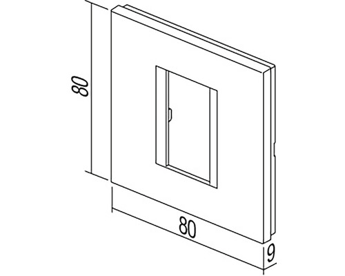 Desen tehnic al unei plăci de acoperire pătrate pentru întrerupător cu dimensiunile de 80 x 80 x 9 milimetri
