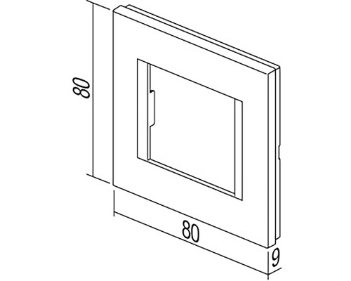 Desen tehnic al unui cadru de comutator cu dimensiunile de 80 pe 80 pe 9 milimetri