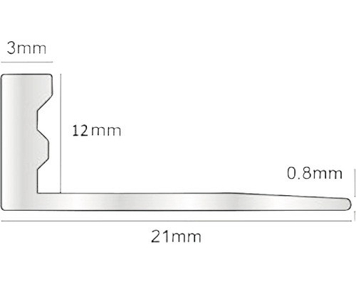 Schiță a unui profil unghiular cu dimensiunile 3 mm, 12 mm, 21 mm și 0,8 mm