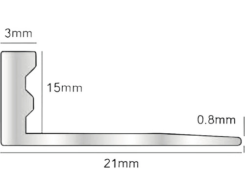 Șină de profil cu dimensiunile de 3 mm, 15 mm, 0,8 mm și 21 mm