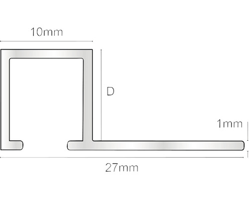 Desen profil cu dimensiuni: 10 mm, adâncime D, 1 mm, 27 mm