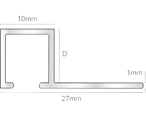 Secțiune profil cu dimensiunile 10 mm, D, 27 mm și 1 mm