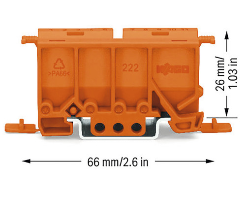 Clema de conexiune Wago cu dimensiunile de 66 mm pe 26 mm.