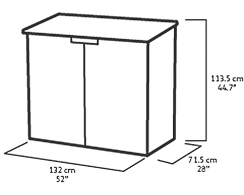 Imagine cu un dulap de grădină cu dimensiunile de 113,5 cm înălțime, 132 cm lățime și 71,5 cm adâncime.