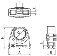 Desen tehnic al unei cleme de țeavă cu dimensiuni indicate.