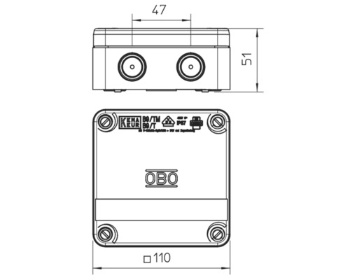 Desen tehnic al unei cutii de joncțiune OBO cu dimensiuni