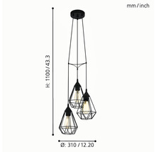 Lumină suspendată cu trei lămpi în forme geometrice