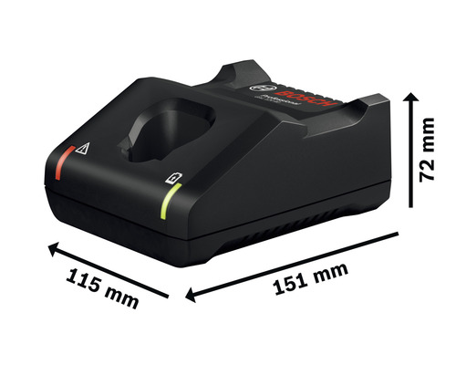 Încărcător Bosch cu dimensiunile de 115 mm pe 151 mm pe 72 mm