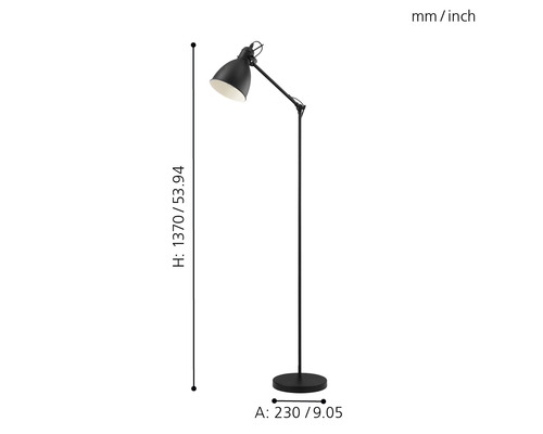 Lampă de podea neagră cu braț reglabil și dimensiuni