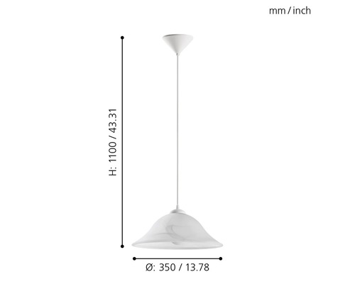 Lampa suspendată albă cu diametrul de 350 mm și înălțimea de 1100 mm