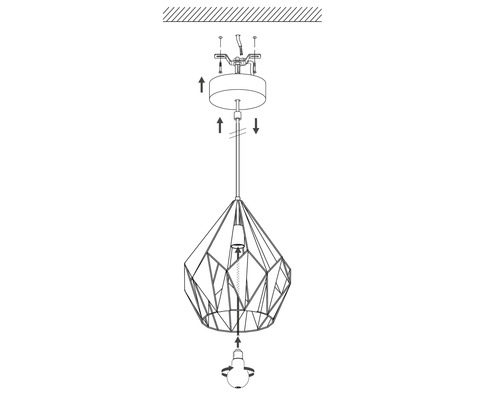 Instrucțiuni de instalare pentru o lampă suspendată geometrică.