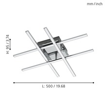 Plafonieră pătrată cu elemente de lumină în formă de cruce și indicații de dimensiuni