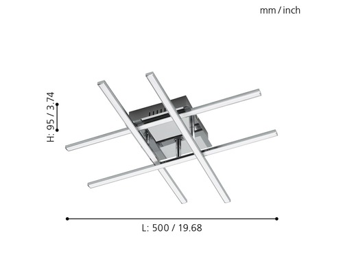 Plafonieră pătrată cu elemente de lumină în formă de cruce și indicații de dimensiuni