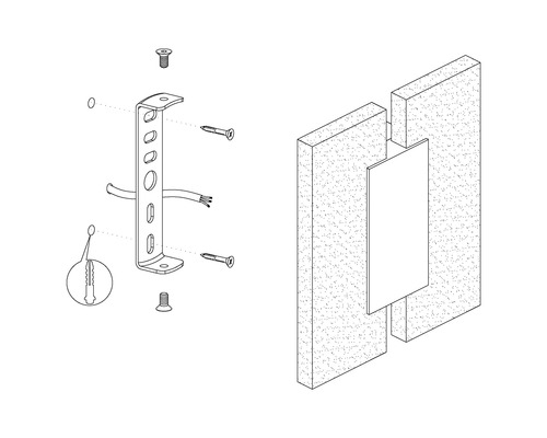Reprezentare a unui suport de montaj cu șuruburi și diblu pentru montare pe perete.